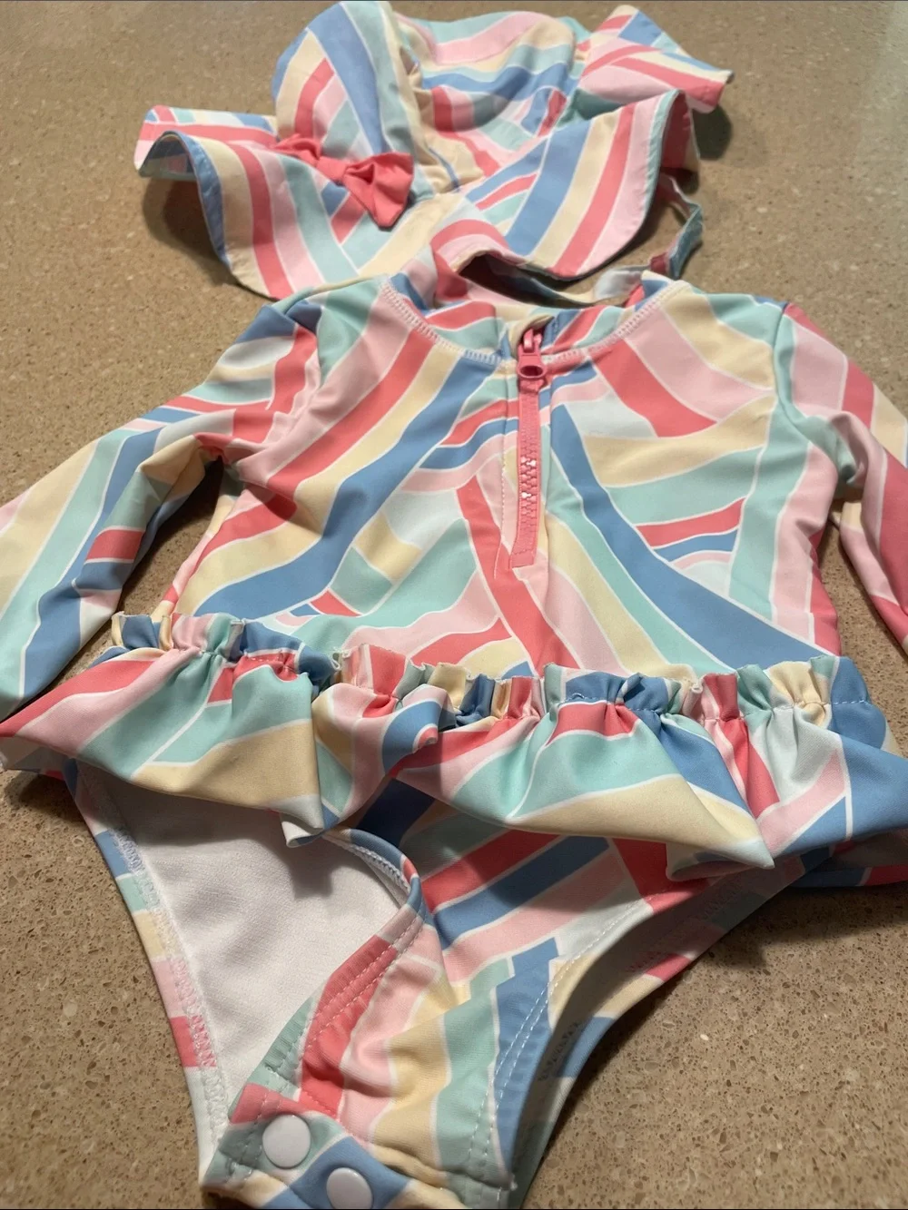 Tommy Bahama Pastel Multi-Stripe Ruffle One-Piece Swimsuit with Matching Hat